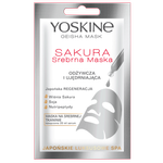 Yoskine Geisha Mask maska na srebrnej tkaninie Sakura